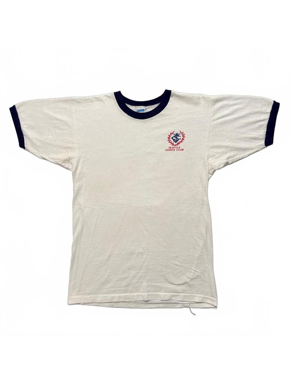 VTG 70's Champion Blue Bar Seattle Tennis Club Ringer T-Shirt Medium White Navy